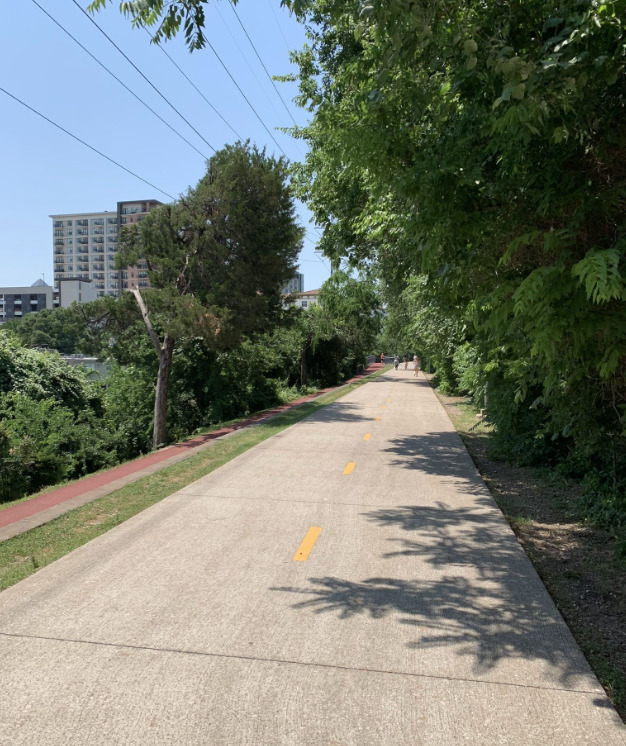 the Katy Trail Hi-line to Oak Lawn, passing buildings in downtown Dallas