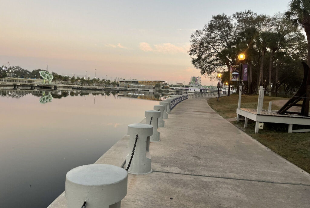 The Tampa Riverwalk at dusk
