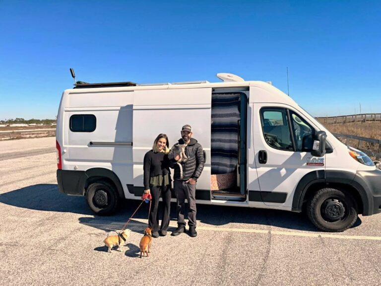 couple with dogs in front of campervan