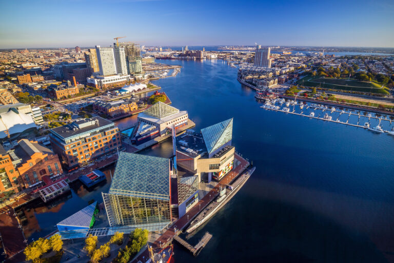 View of Inner Harbor area in downtown Baltimore Maryland
