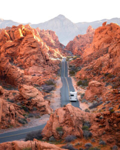 RV driving down a road in Valley of Fire State Park