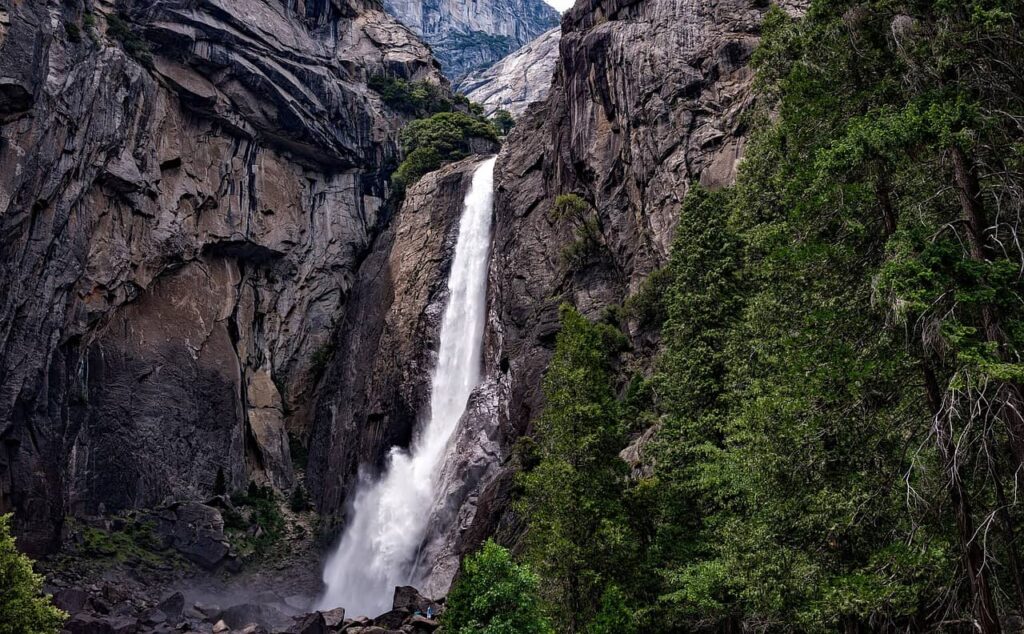 Yosemite Falls in the Yosemite Valley is a popular spot for outdoor activities