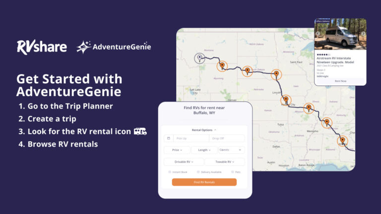 screen shot of adventure genie app - a mpp with rv stops plotted out
